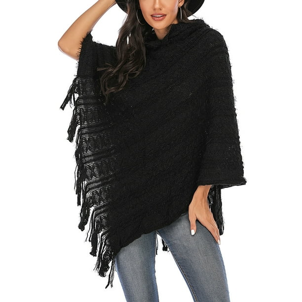 Black Fringed Aztec Print Pullover Cape 1 Sleeve Womens Sweater Knit Poncho 